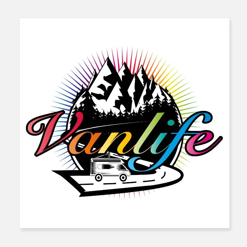 Camper unterwegs mit bunter Van Life Typografie Poster 20x20 cm