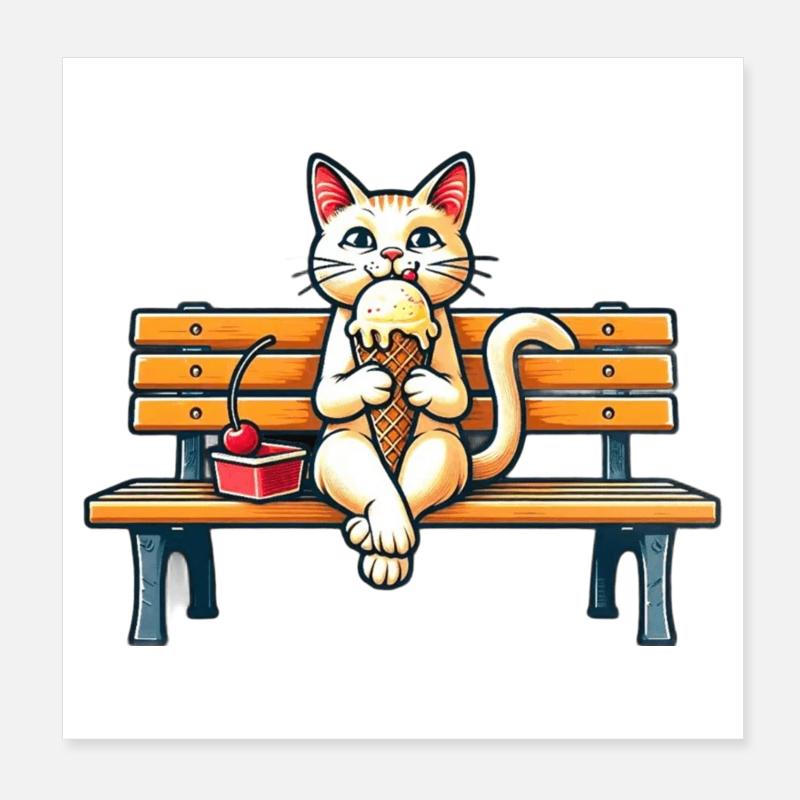 Cute Cat enjoying an icecream on a bench Poster 8" x 8" (20x20 cm)