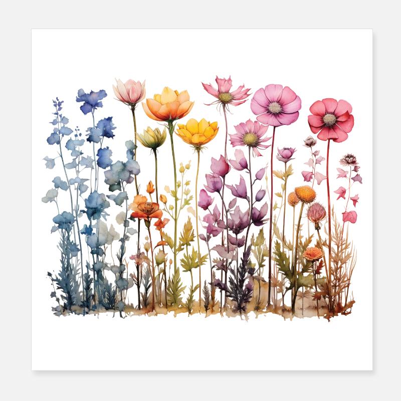 Coloré Fleur Prairie Conception d’aquarelle Poster 20 x 20 cm