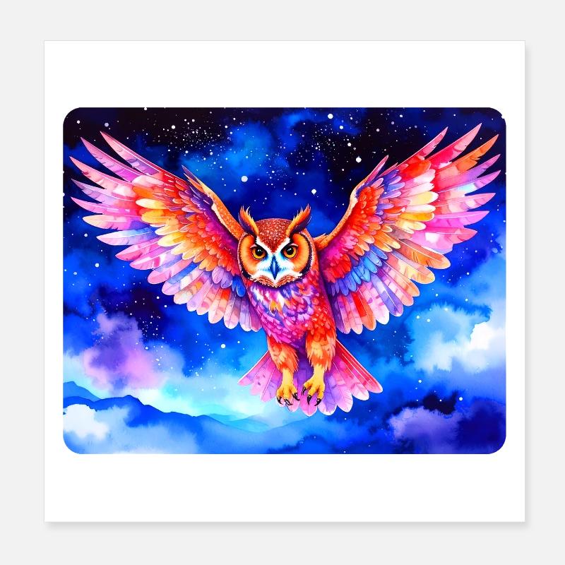 Colorful eagle owl in front of a starry sky Poster 8" x 8" (20x20 cm)