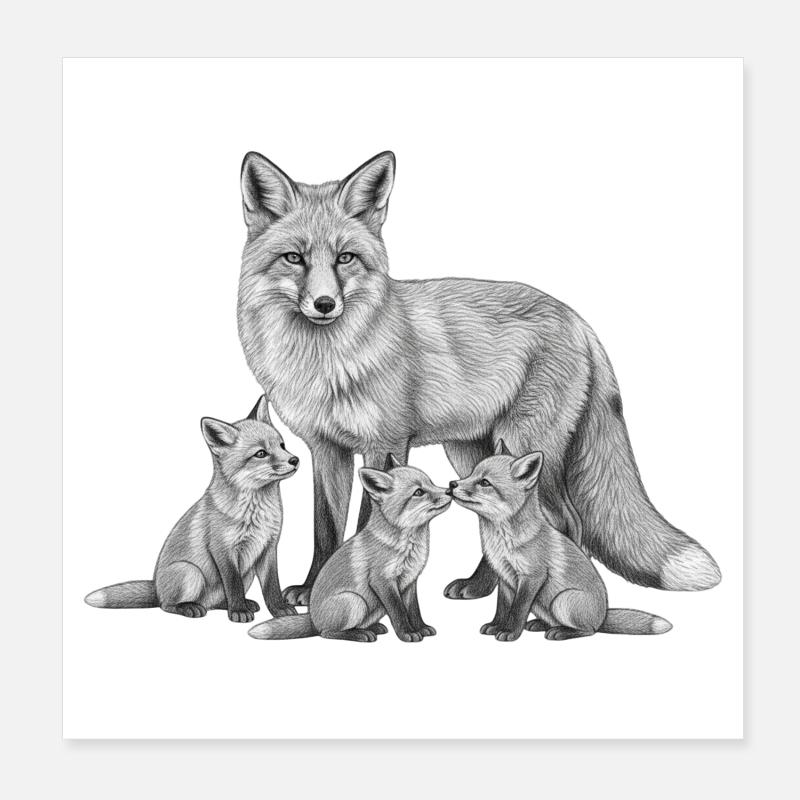 Fuchs und seine Jungen - Poster 20x20 cm - Weiß