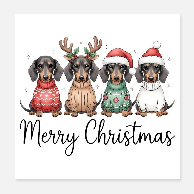 Quatre teckels, chiens blaireaux en pull de Noël - Poster 20 x 20 cm - blanc