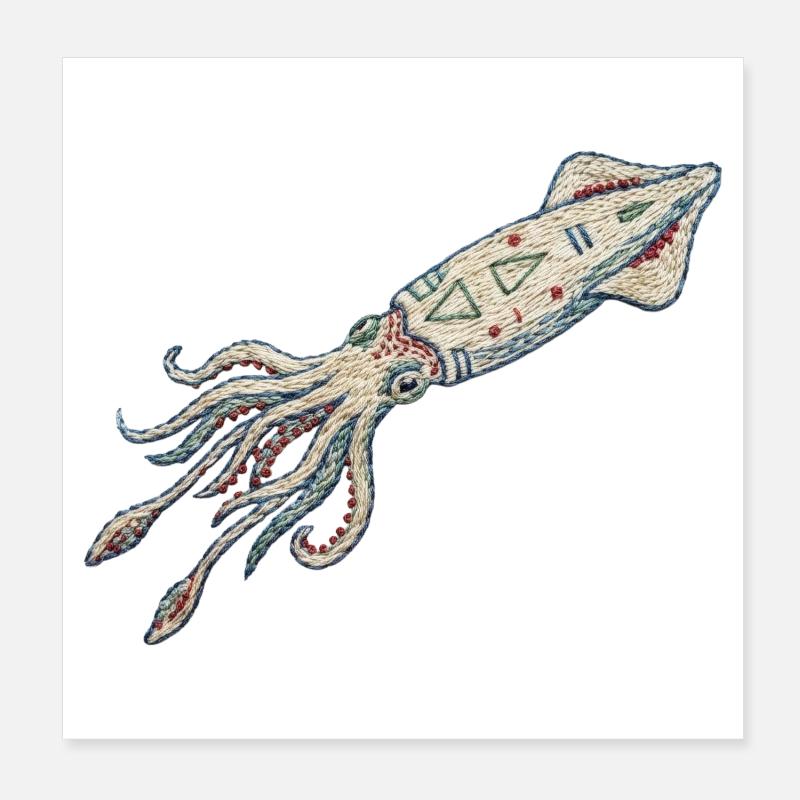 Embroidered squid – sea design (printed) Poster 8" x 8" (20x20 cm)
