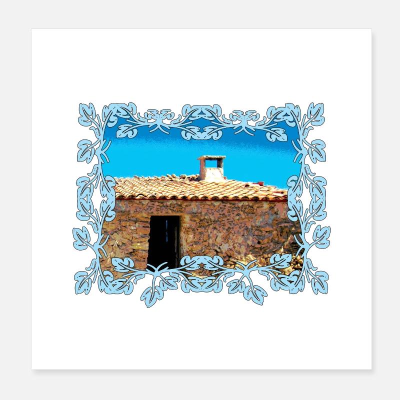 Cabane du village côtier à Majorque à Cadre Bleu Poster 20 x 20 cm