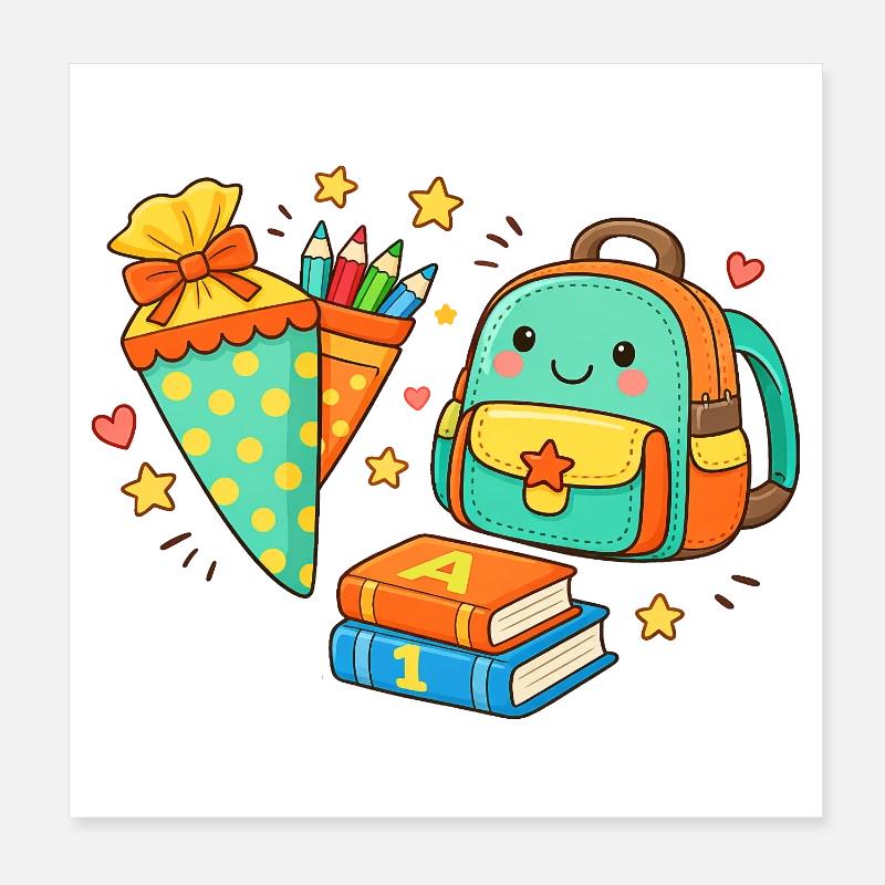 Kuscheliger Schulstart Rucksack mit Stiften - Poster 20x20 cm - Weiß