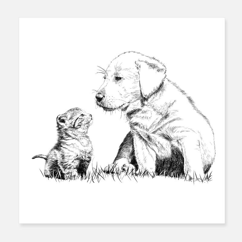 Welpe und Kätzchen Poster 20x20 cm