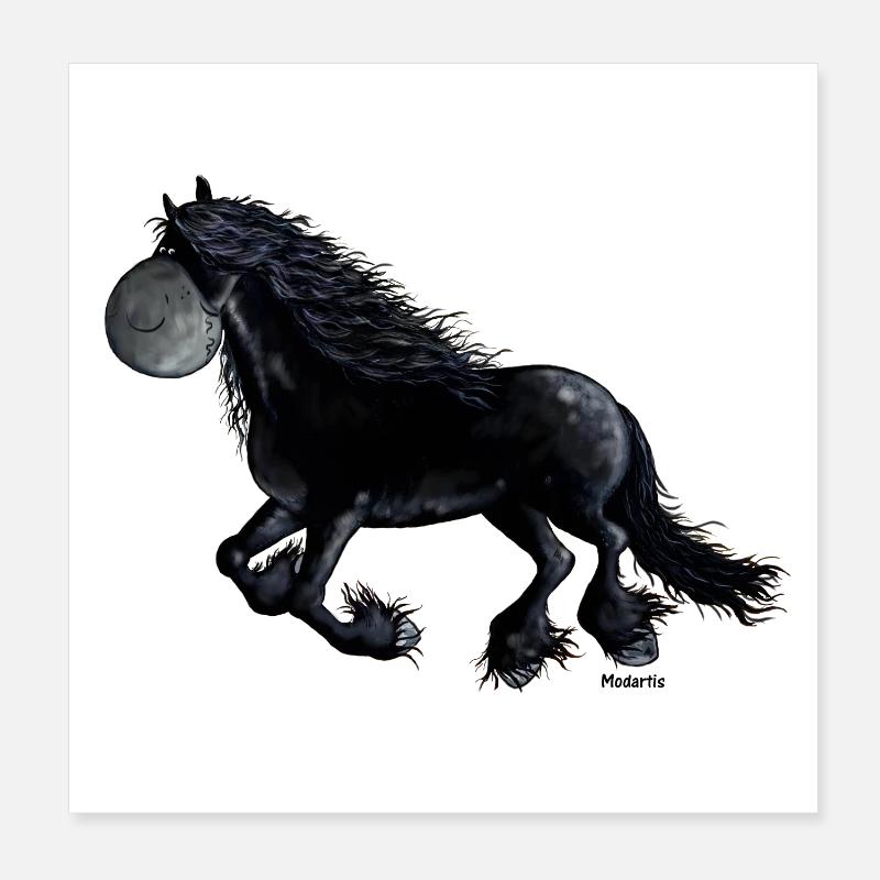 Schwarzes Friesenpferd - Friese - Poster 20x20 cm - Weiß