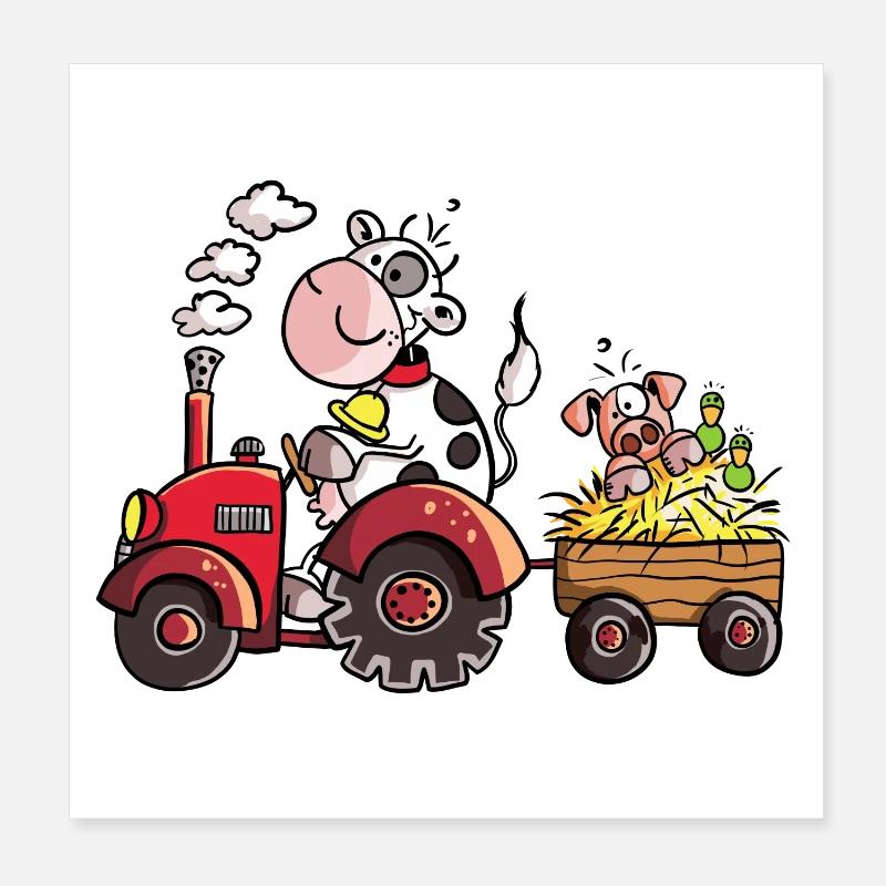 Cow driving a tractor - Farmer - Gift - Pig Poster 8" x 8" (20x20 cm)