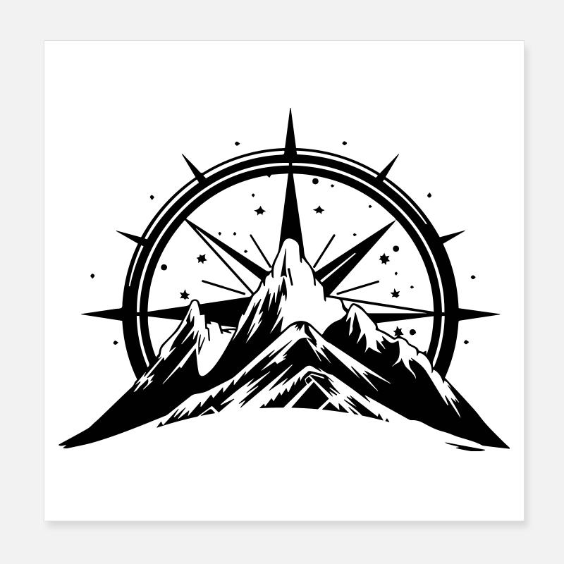 Compass With Mountain Silhouette Poster 20x20 cm