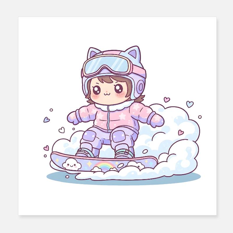 Kawaii Snowboard Fille Arc-en-ciel Mignon Poster 20 x 20 cm
