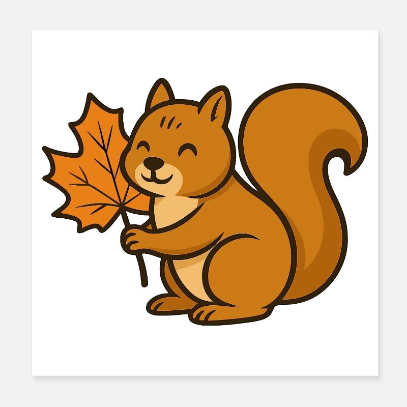 Niedliches Eichhörnchen mit Herbstblatt Cartoon Poster 20x20 cm