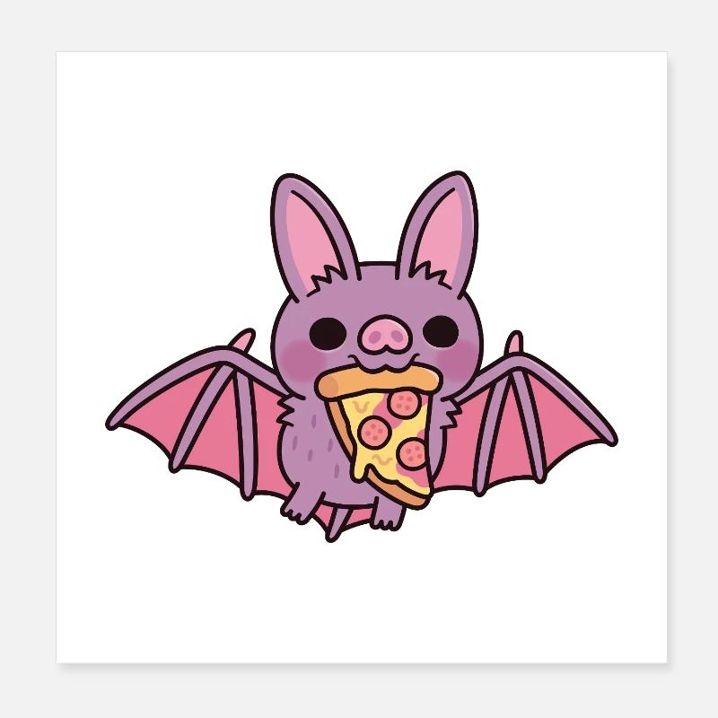 Cute Flying Vampire Bat With Pizza Poster 8" x 8" (20x20 cm)