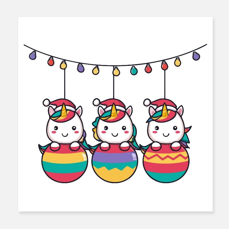 Three Rainbow Unicorns Christmas Poster 8" x 8" (20x20 cm)