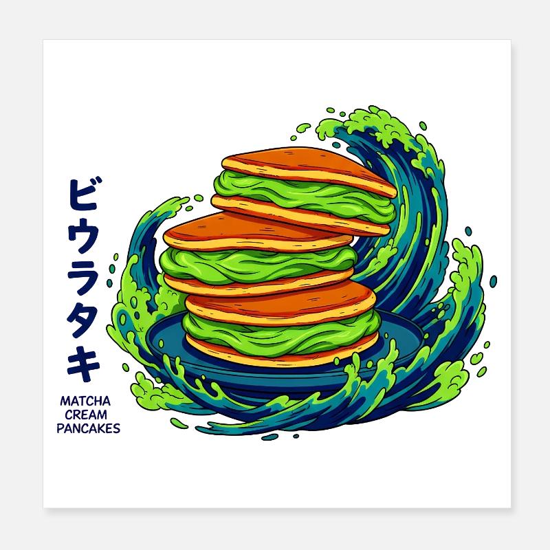 Lebendige Matcha-Pfannkuchen mit Japanese Wave Poster 20x20 cm