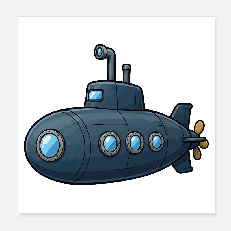 Blue Cartoon Submarine Adventure Poster 8" x 8" (20x20 cm)