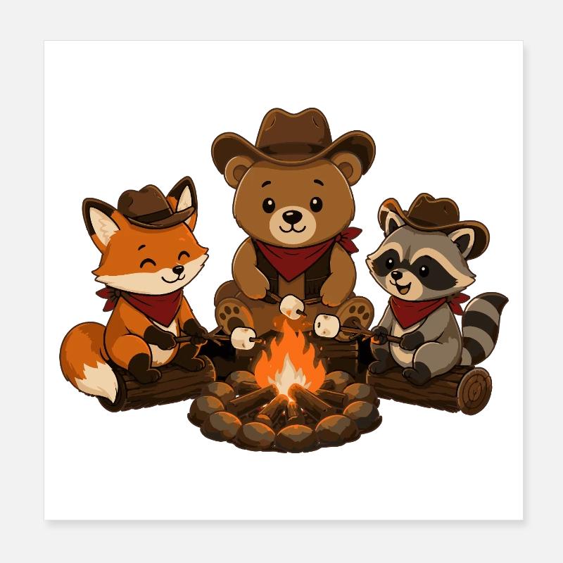Camping animals around the campfire with marshmallows Poster 8" x 8" (20x20 cm)