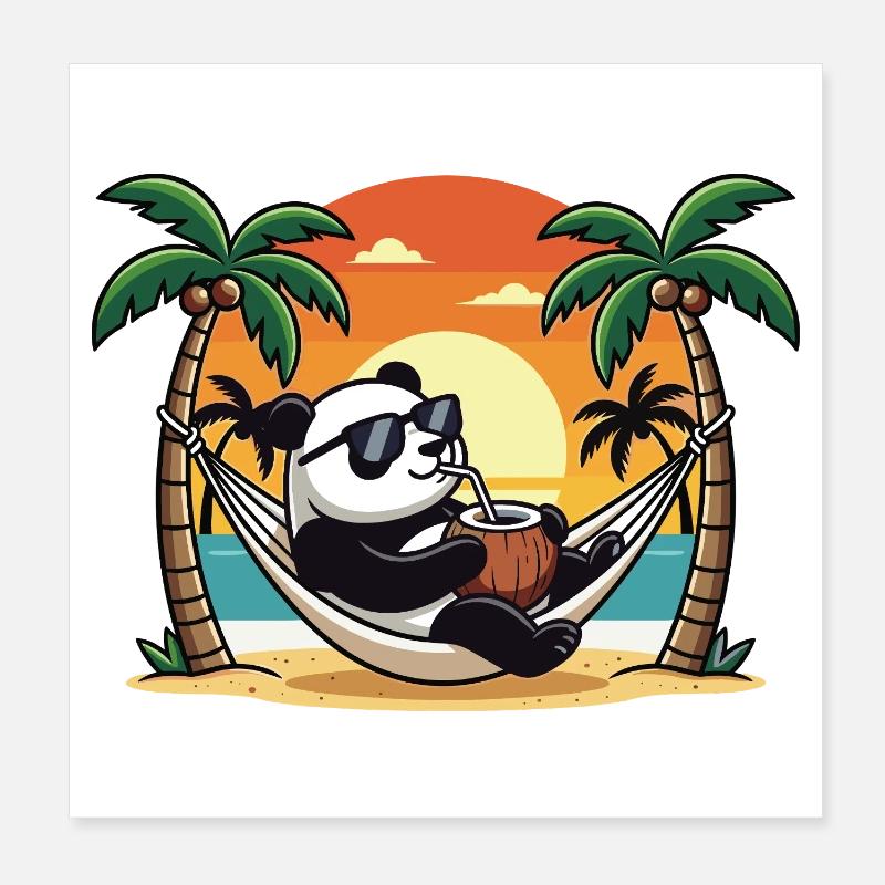 Funny Panda on Beach Hammock Summer Vacation Poster 8" x 8" (20x20 cm)