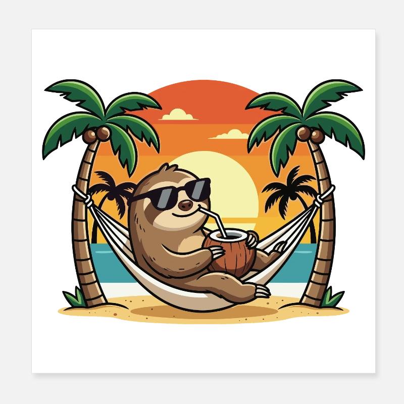Funny Sloth on Beach Hammock Summer Vacation Poster 8" x 8" (20x20 cm)