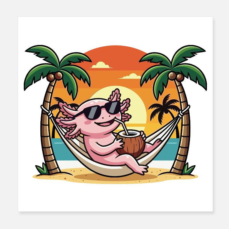 Funny Axolotl on Beach Hammock Summer Vacation Poster 8" x 8" (20x20 cm)