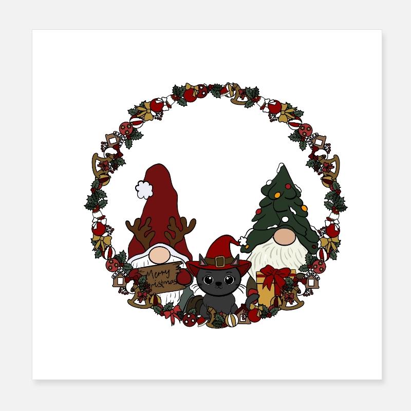 Wichtel mit Katze  im Weihnachtskranz Poster 20x20 cm