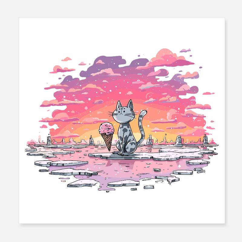 Katze mit Eis am Abendsee Poster 20x20 cm
