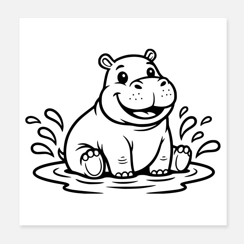 Bébé hippopotame mignon dans Water Comic Vector Poster 20 x 20 cm