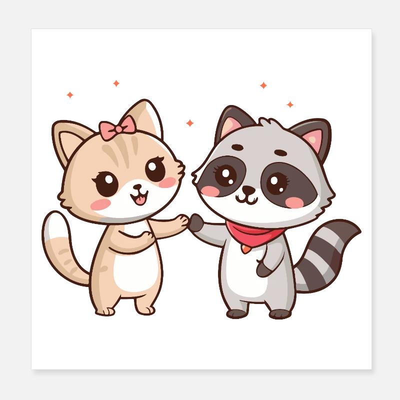 Amitié Kawaii: Chat et Raton-Laveur Poster 20 x 20 cm