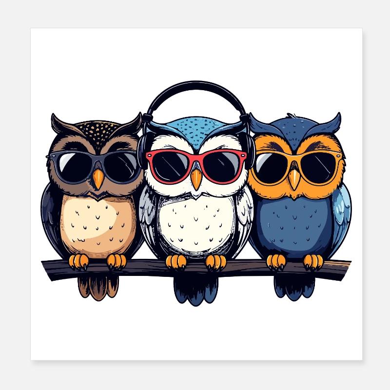 Drei coole Eulen Trio mit Sonnenbrille Kopfhörer Poster 20x20 cm