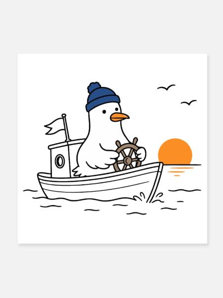Möwe auf Boot im Sonnenuntergang - Poster 20x20 cm - Weiß