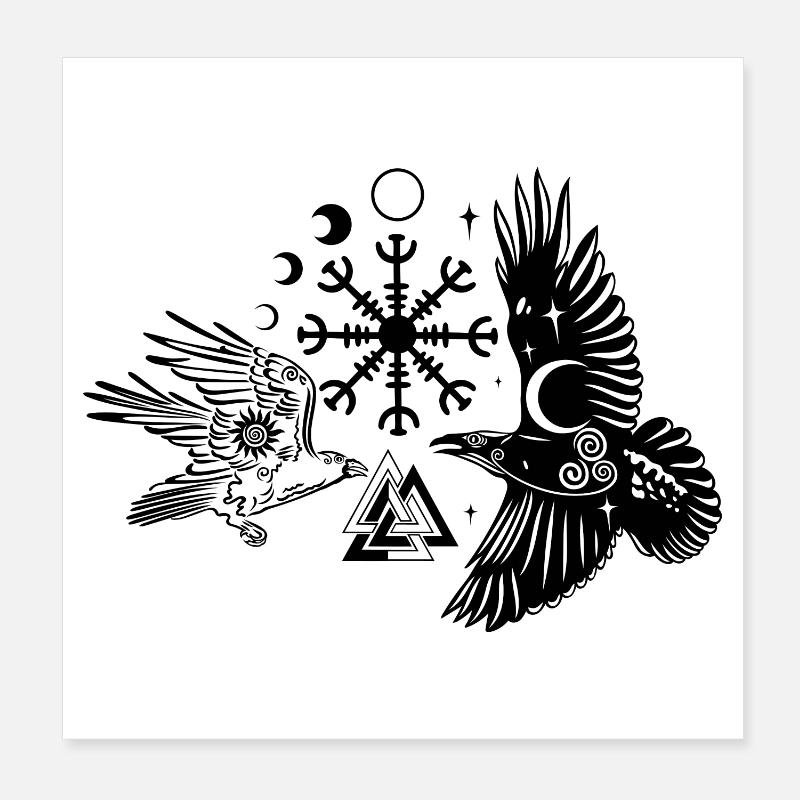 Hugin et Munin avec Vegvisir Valknut Poster 20 x 20 cm