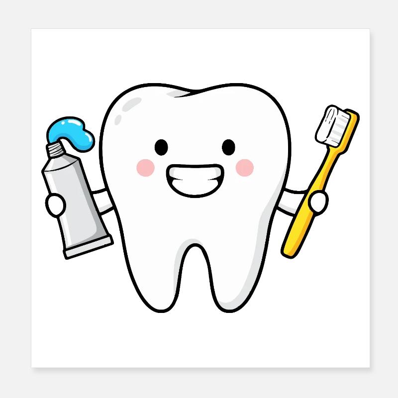 Cute Tooth with Toothbrush Poster 8" x 8" (20x20 cm)