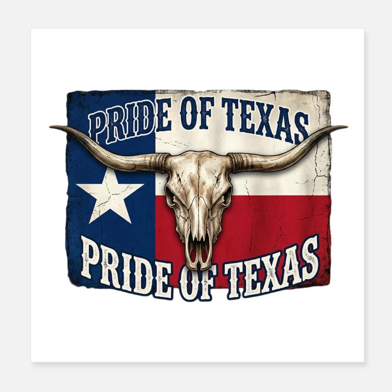 Texas Pride Horns Skull Poster 8" x 8" (20x20 cm)