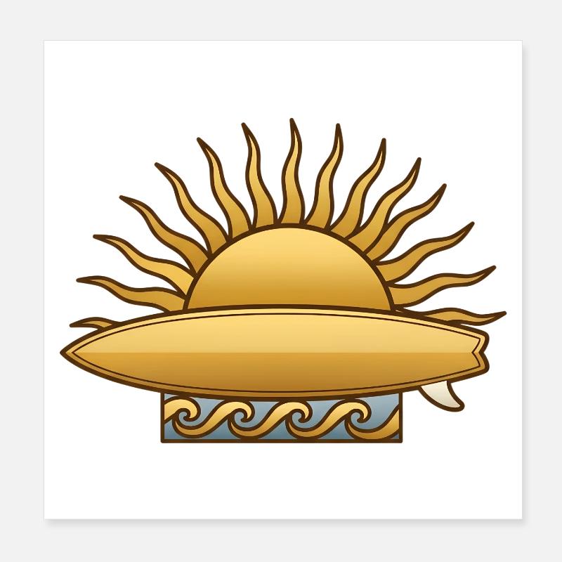 Soleil doré avec planche de surf et surfeur des vagues de mer Poster 20 x 20 cm
