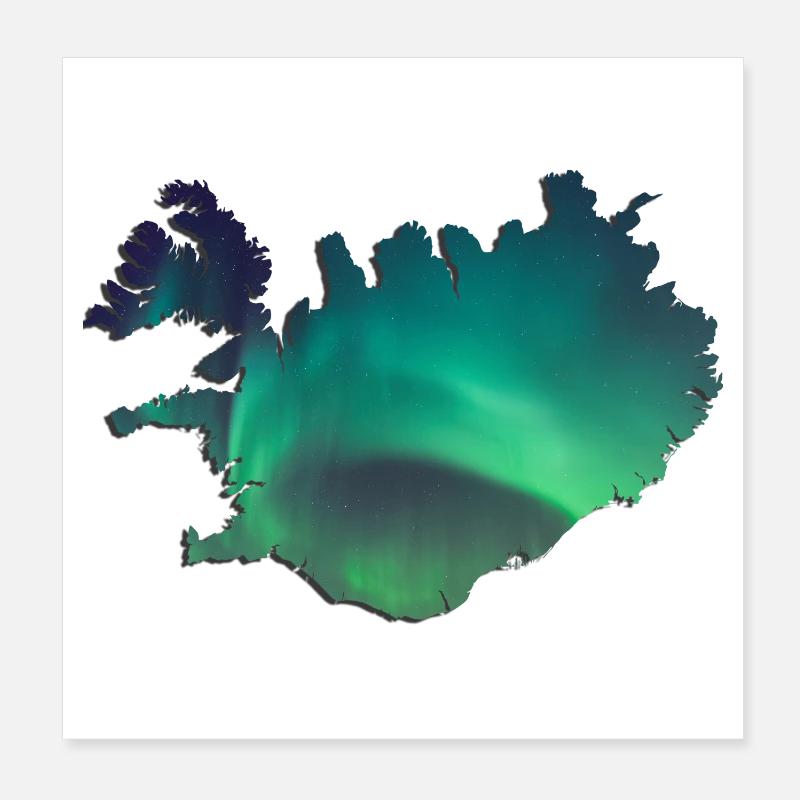 Islande Islande Aurores boréales Conception topographique - Poster 20 x 20 cm - blanc