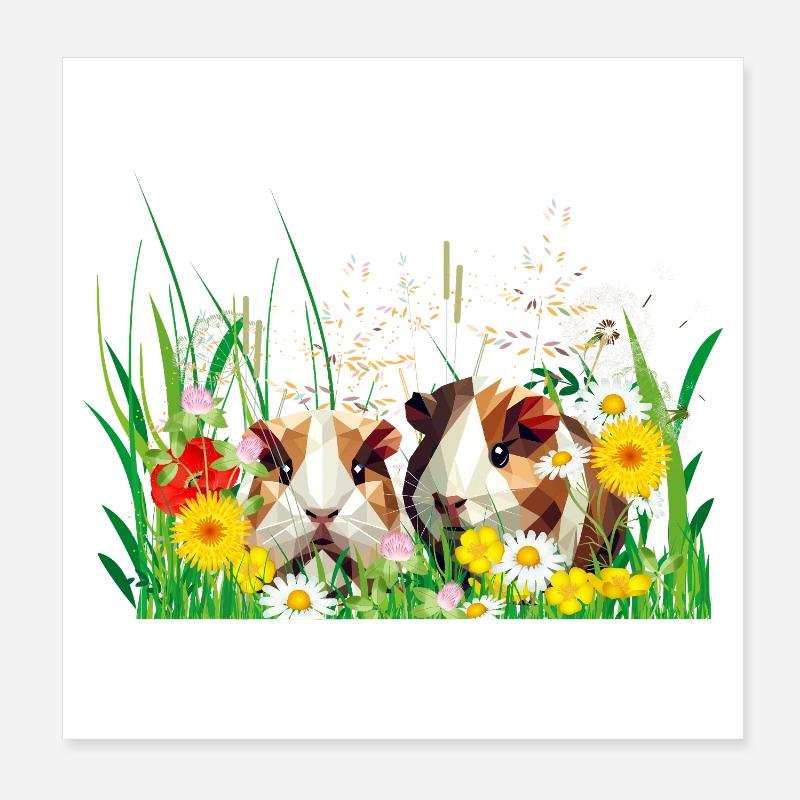 Deux cochons d’Inde dans la magie des prairies fleuries Poster 20 x 20 cm