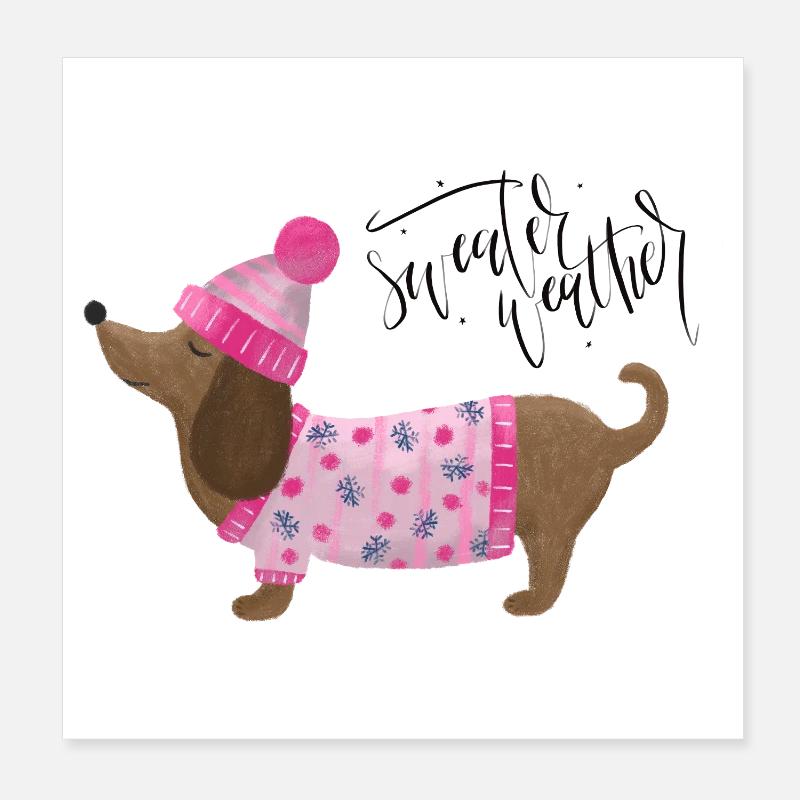 Dackel mit Pullover und Mütze Sweater Weather pink Poster 20x20 cm