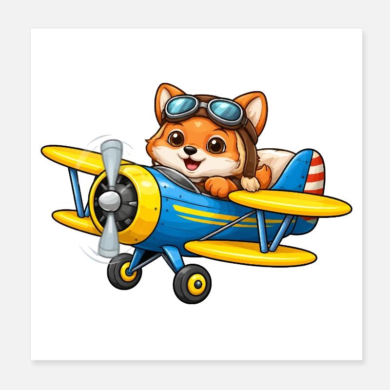 Fuchs Pilot Doppeldecker Flugzeug Cartoon   Poster 20x20 cm