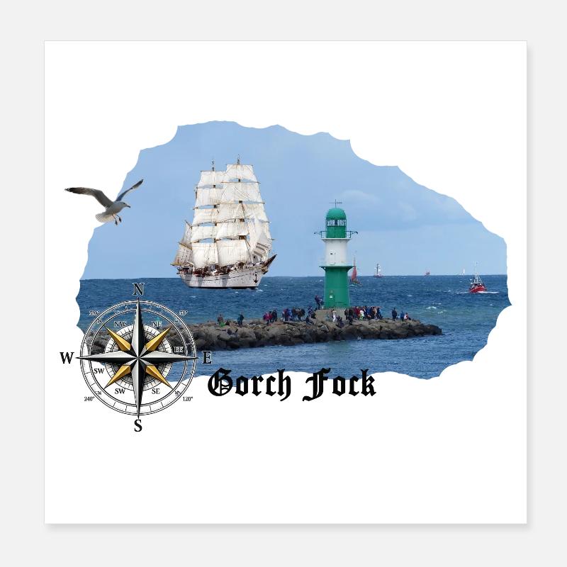 Segler & Leuchtturm an der Nordsee - Poster 20x20 cm - Weiß