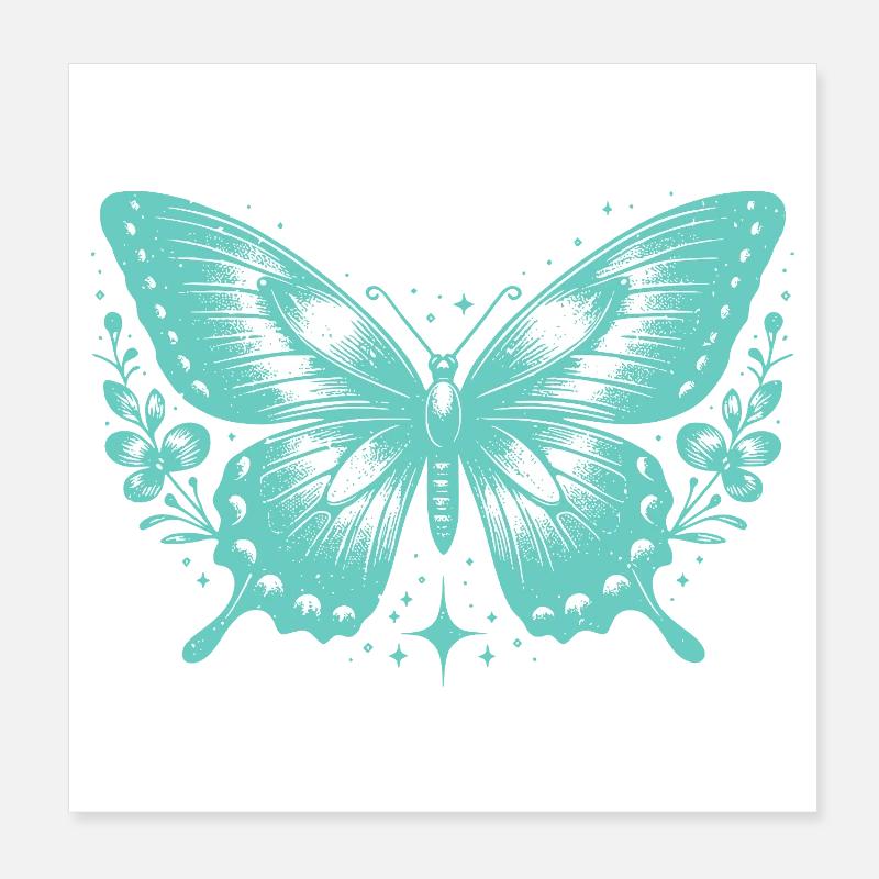 Papillon Turquoise et Fleurs Poster 20 x 20 cm
