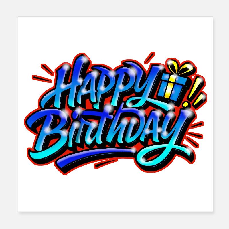 Happy Birthday Graffiti BLUE RED Poster 8" x 8" (20x20 cm)