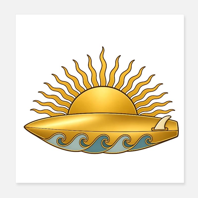 Soleil doré avec planche de surf et vagues de mer Poster 20 x 20 cm