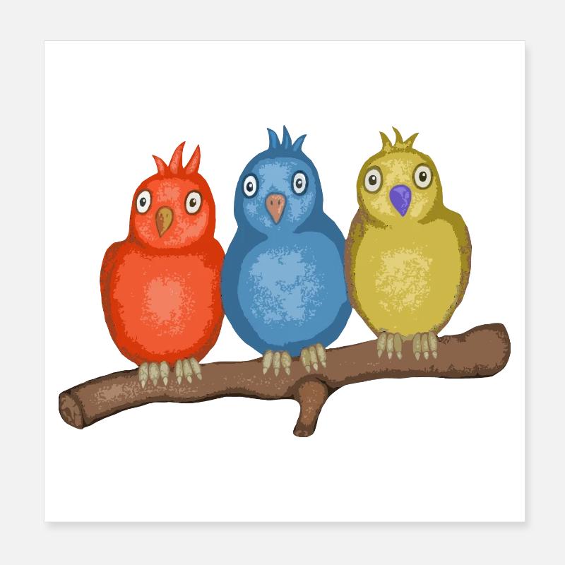 Bunte Vögel auf einem Ast Poster 20x20 cm