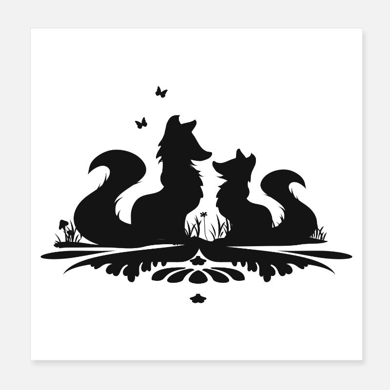 Silhouette de deux renards mignons Poster 20 x 20 cm