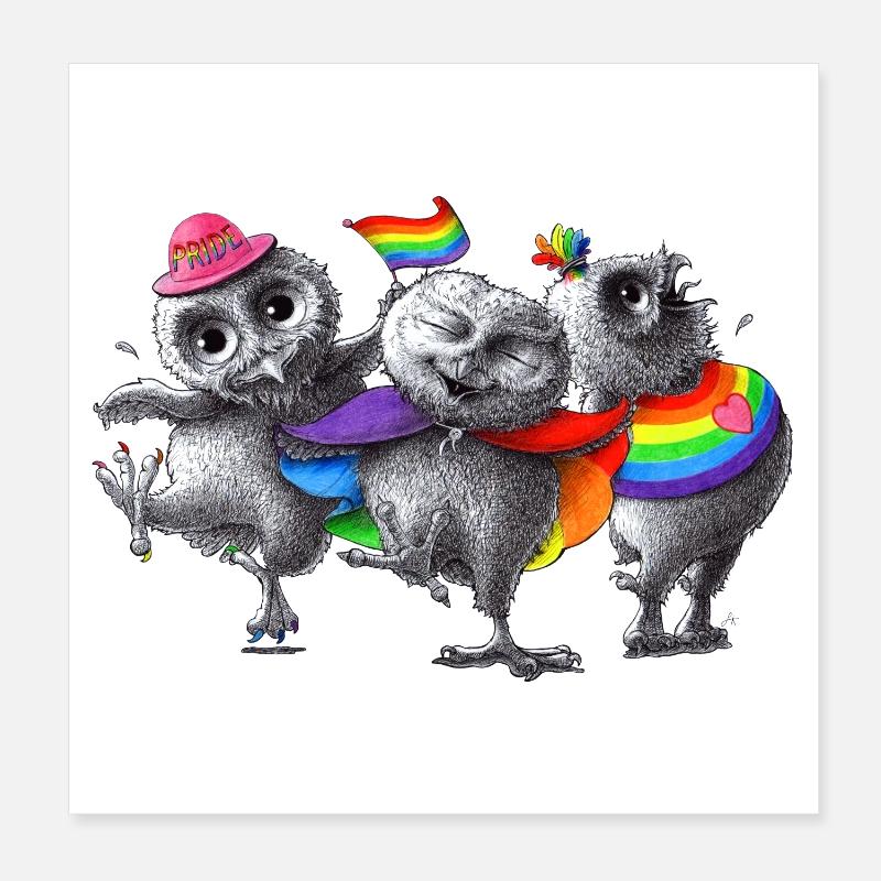 Lustige tanzende Pride Eulen - Poster 20x20 cm - Weiß