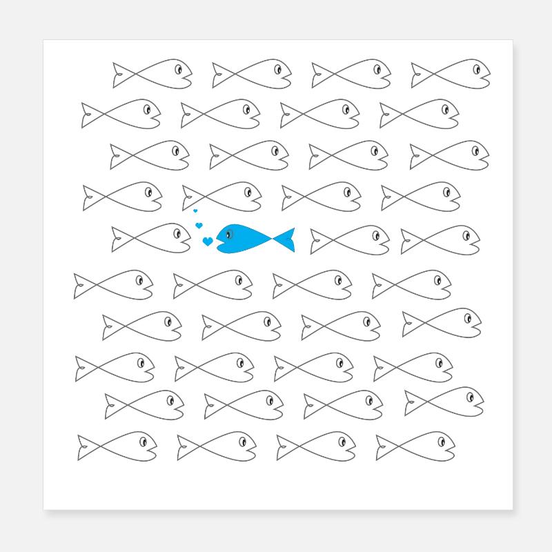 Gegen den Strom - blauer Fisch in grauem Schwarm  - Poster 20x20 cm - Weiß