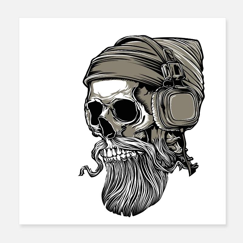 Bart Hipster Skull mit Kopfhörer - Poster 20x20 cm - Weiß