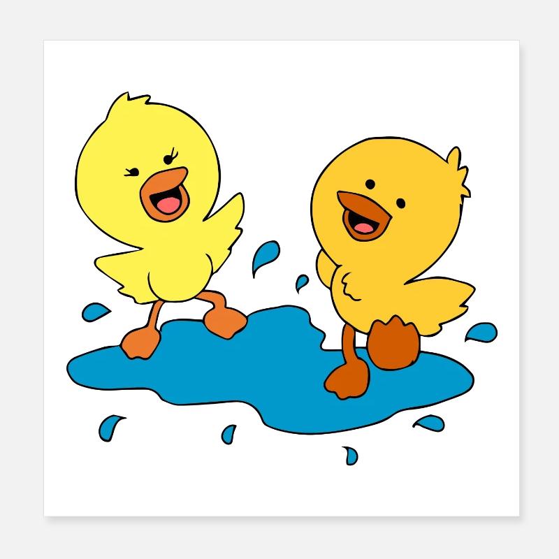Cute ducklings splashing in a puddle - Poster 8" x 8" (20x20 cm) - white