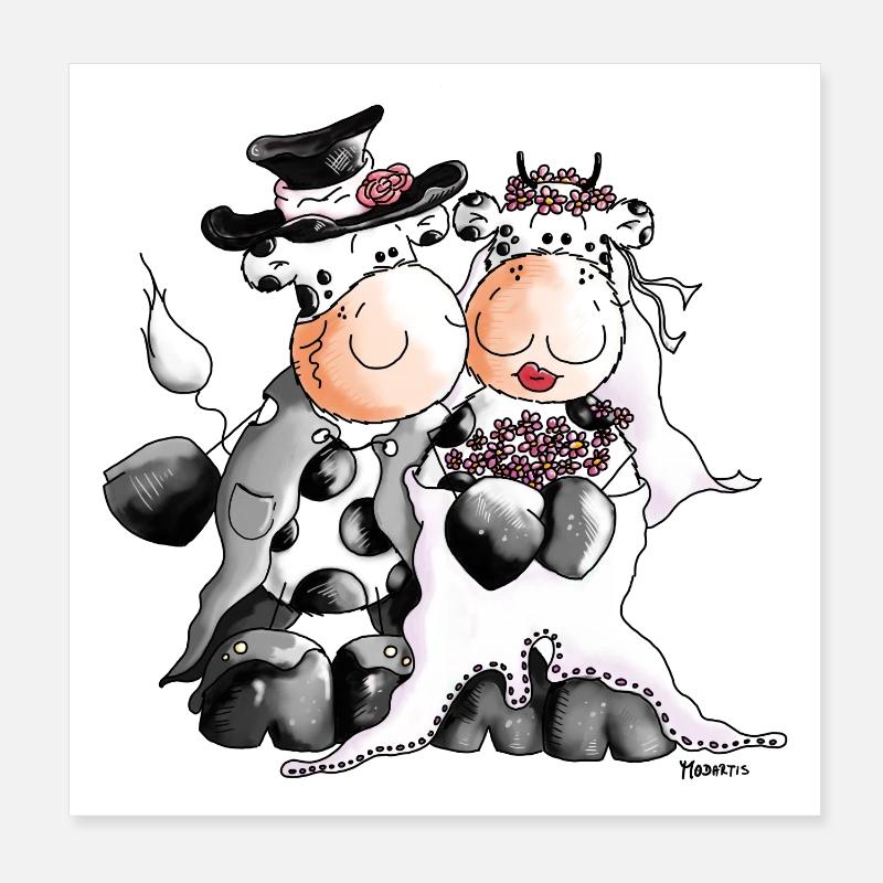Kuh Hochzeit - Braut - Bräutigam - Poster 20x20 cm - Weiß
