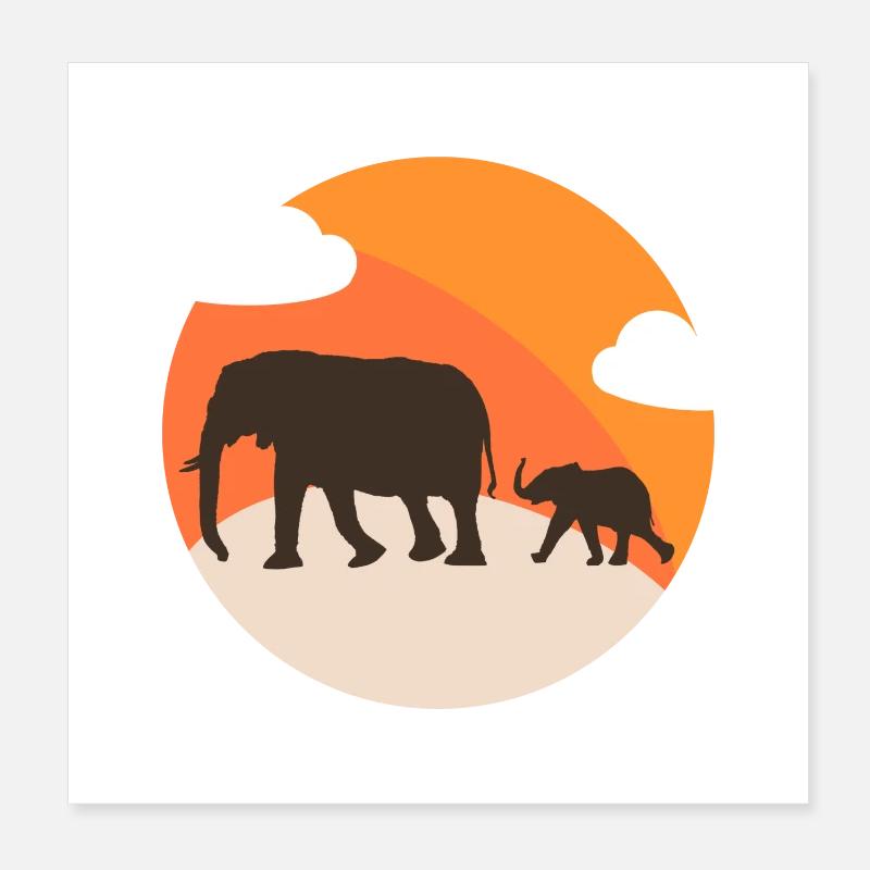 Silhouette Éléphants au Sunset Orange Poster 20 x 20 cm