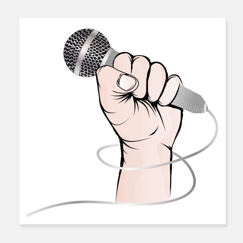Une main d'un chanteur est titulaire d'un microphone de chant - Poster 20 x 20 cm - blanc